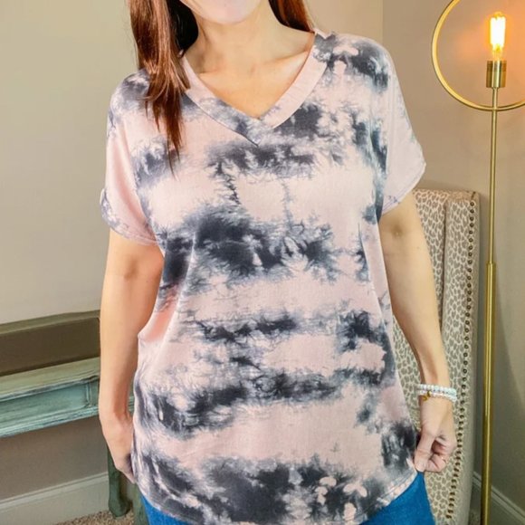 Bombom Super Soft V-neck Pink Tie Dye Tunic - Size Small - Picture 2 of 3